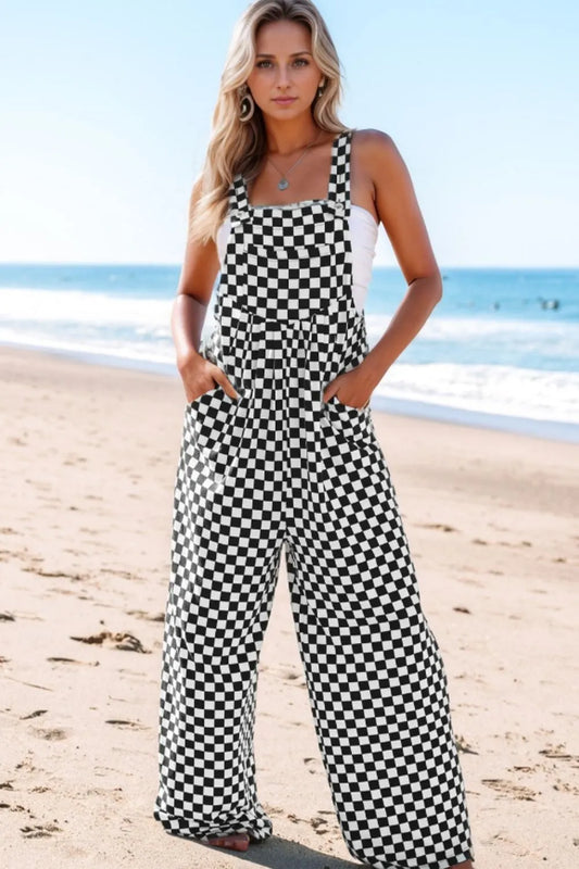 Checkered Print Pocketed Wide Leg Jumpsuit - Roe Creation