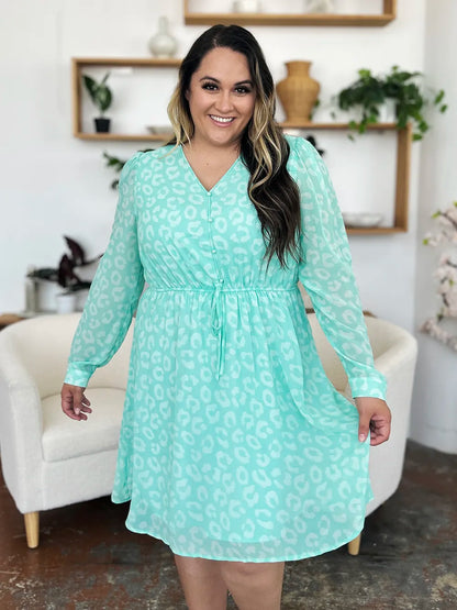 Double Take Full Size Printed Ruched V-Neck Long Sleeve Dress - Roe Creation