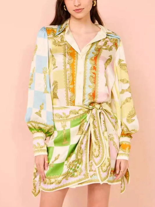 Printed Lantern Sleeve Shirt Dress - Roe Creation