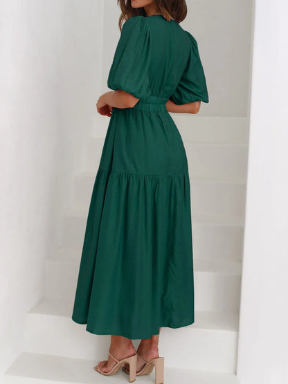 V-Neck Puff Sleeve Midi Dress - Roe Creation