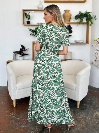 Double Take Full Size Printed Drawstring Short Sleeve Dress - Roe Creation