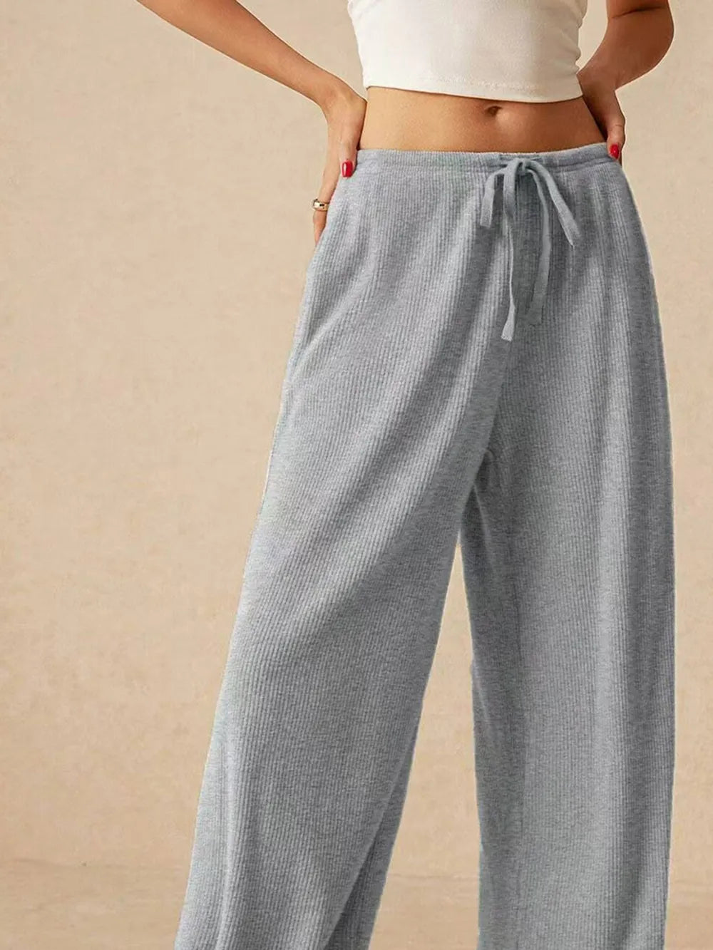 Ribbed Drawstring Wide Leg Pants - Roe Creation