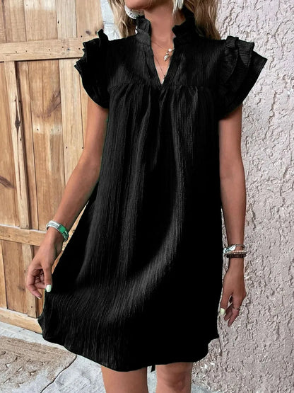 Ruffled Notched Cap Sleeve Mini Dress - Roe Creation