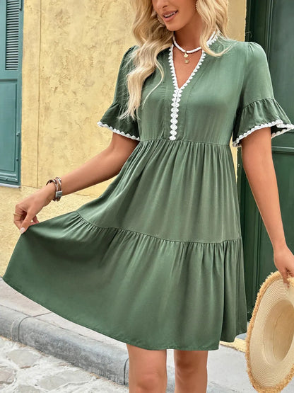 Lace Trim Notched Neck Mini Dress with Flounce Sleeves – Chic Summer Style - Roe Creation