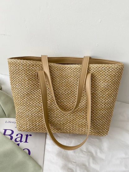 Woven Straw Tote Bag in Solid Colour - Roe Creation