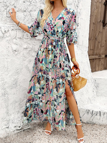 Slit Printed Surplice Half Sleeve Maxi Dress - Roe Creation