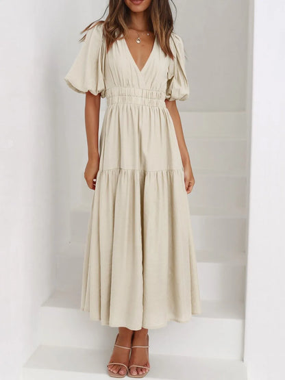 V-Neck Puff Sleeve Midi Dress - Roe Creation