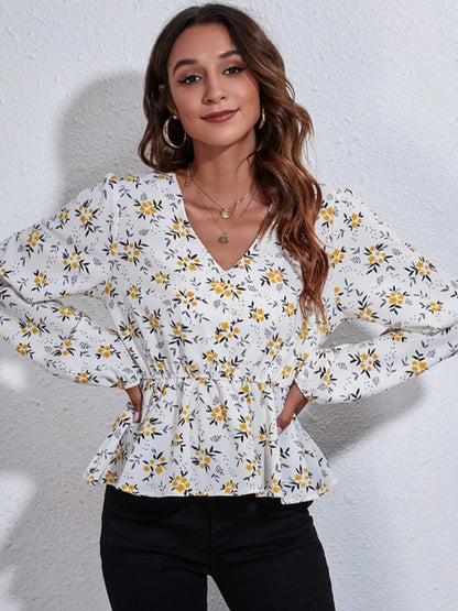 Floral V-Neck Balloon Sleeve Peplum Blouse - Roe Creation