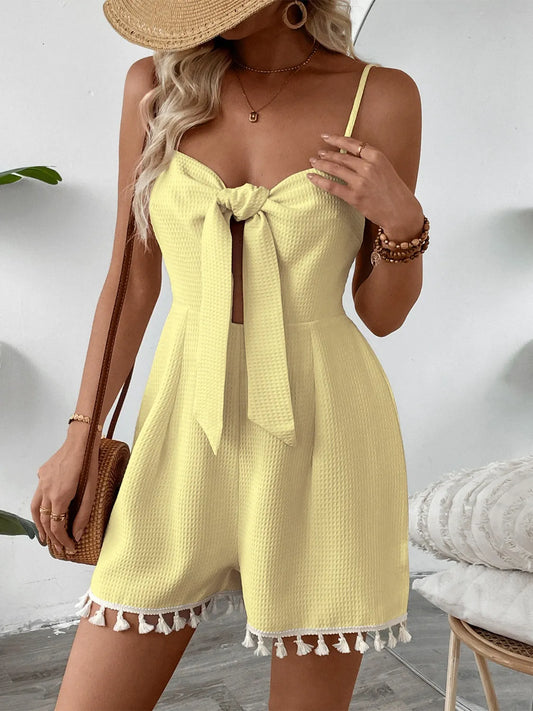 Tie-Front Textured Romper with Tassel Hem - Roe Creation