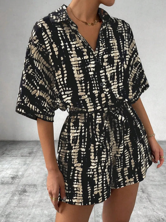 Tie Dye Print Collar Neck Short Sleeve Romper - Roe Creation