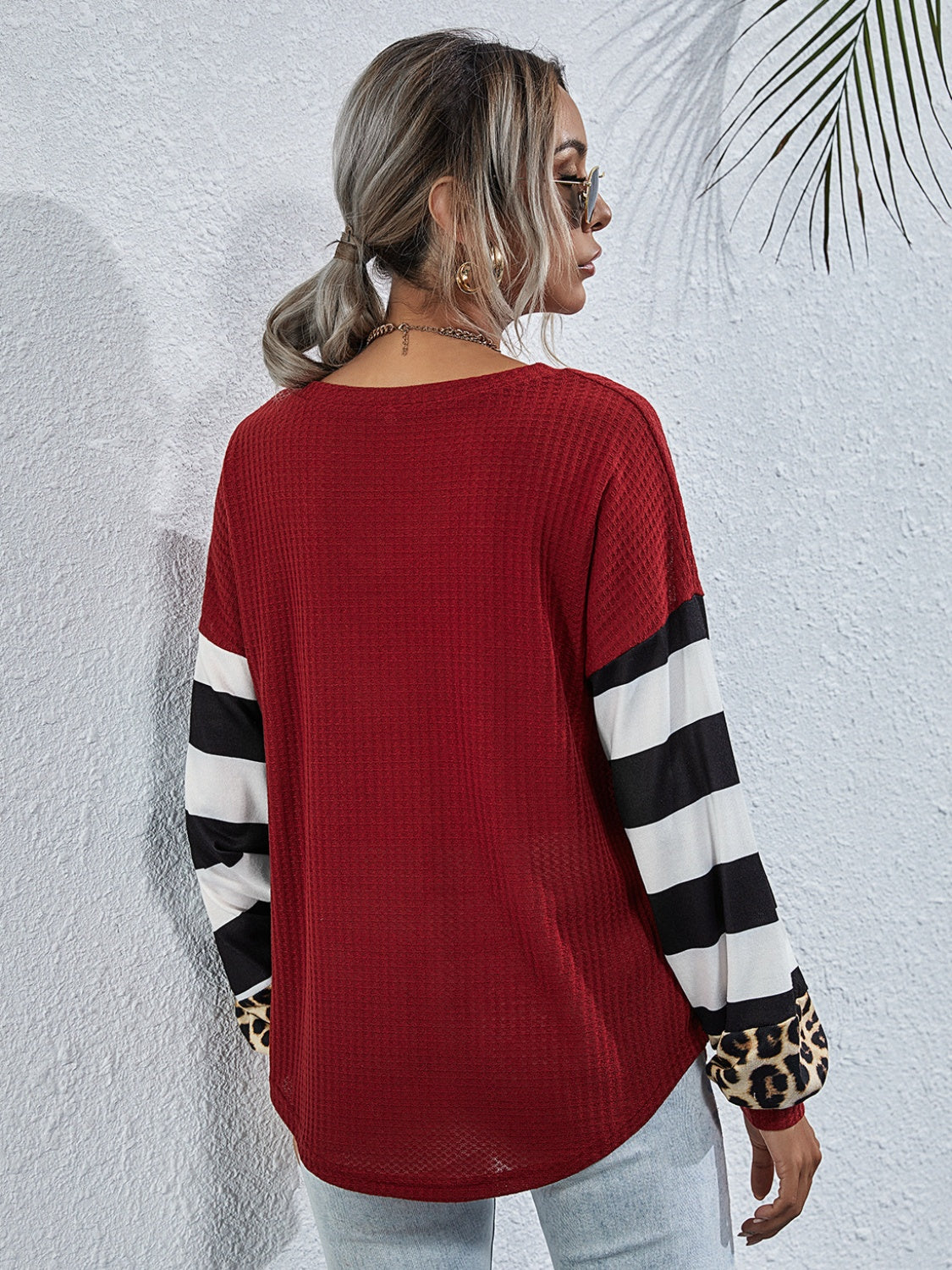 Women’s Leopard Striped Waffle-Knit Top – Stylish Casual Wear - Roe Creation