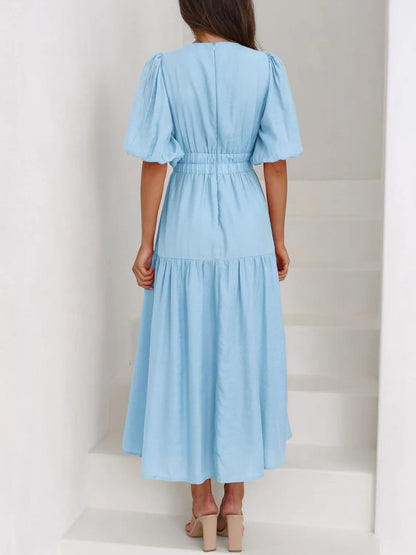 V-Neck Puff Sleeve Midi Dress - Roe Creation