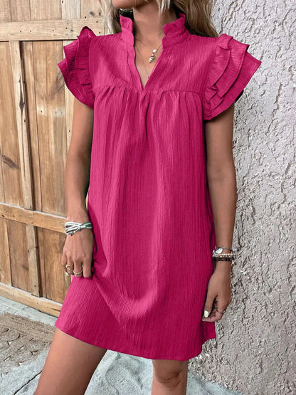 Ruffled Notched Cap Sleeve Mini Dress - Roe Creation
