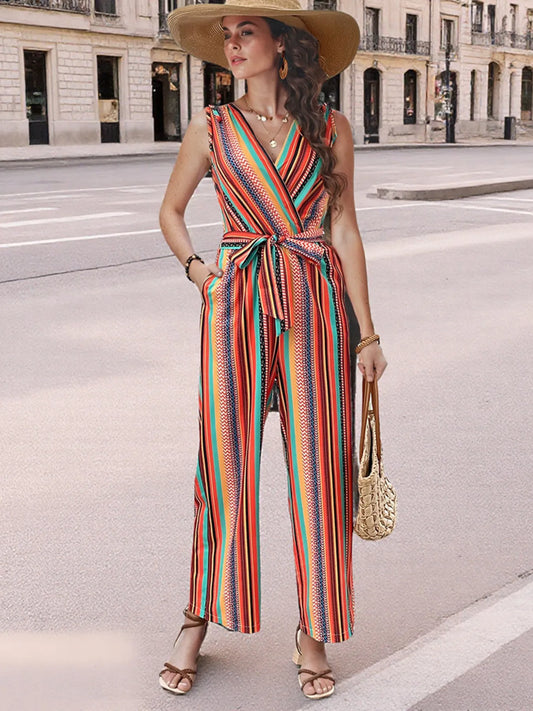 Striped Sleeveless Tie Waist Jumpsuit - Roe Creation