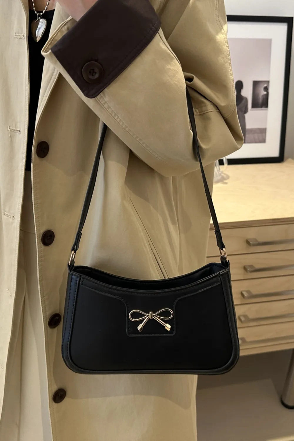 Bow Trim PU Leather Shoulder Bag - Roe Creation