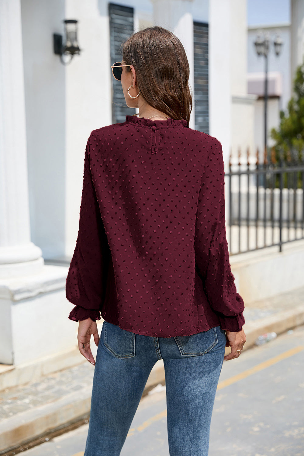 Smocked Swiss Dot Mock Neck Top – Elegant Sheer Blouse for Women - Roe Creation