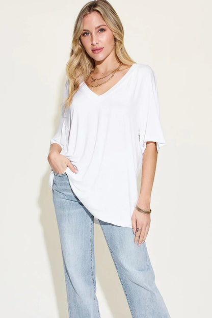 Basic Bae Full Size Bamboo V-Neck Drop Shoulder T-Shirt - Roe Creation