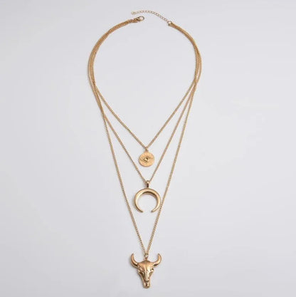 Alloy Three-Layered Bull Head Pendant Necklace - Roe Creation