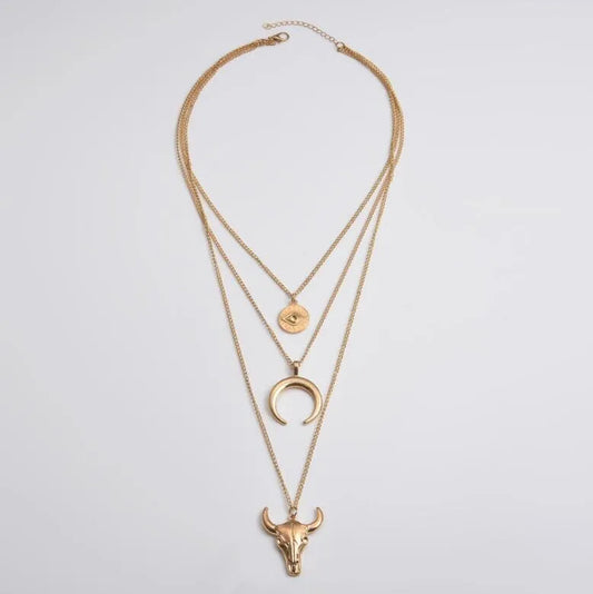 Alloy Three-Layered Bull Head Pendant Necklace - Roe Creation