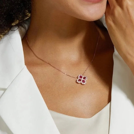 925 Sterling Silver Lab-Grown Ruby Flower Shape Necklace - Roe Creation