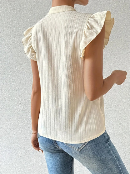 Embroidered Notch Neck Blouse with Cap Sleeves - Roe Creation