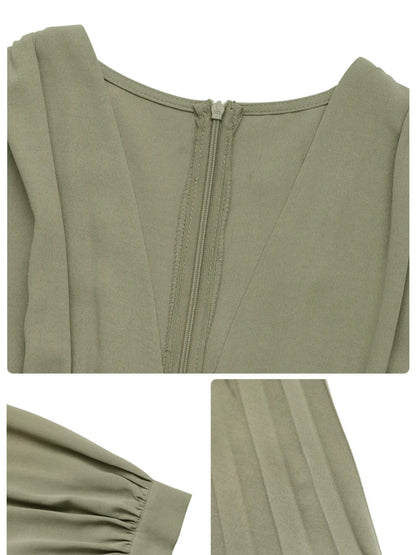 Pleated Long Sleeve V-Neck Dress - Roe Creation