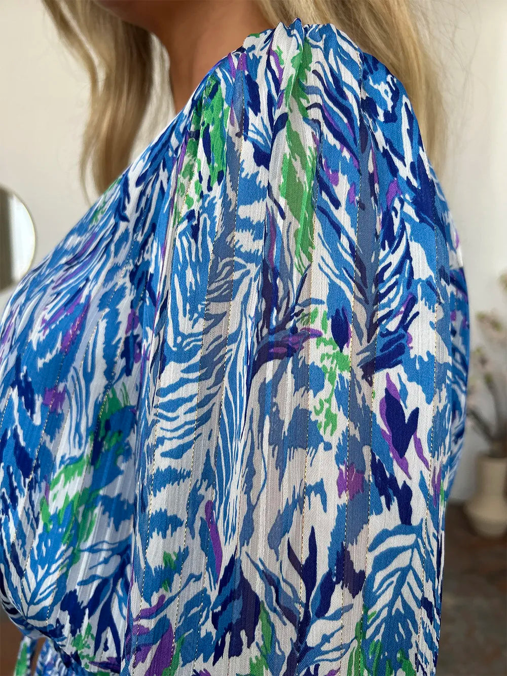 Double Take Full Size Printed Drawstring Waist Long Sleeve Dress - Roe Creation