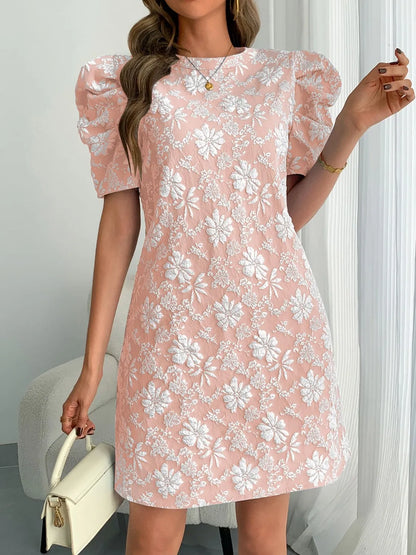 Round Neck Puff Short Sleeve Mini Dress - Roe Creation