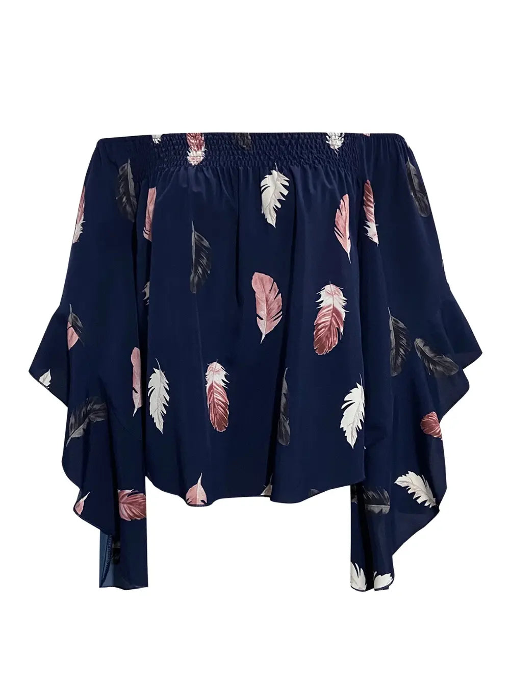 Feather Print Smocked Off-Shoulder Blouse - Roe Creation