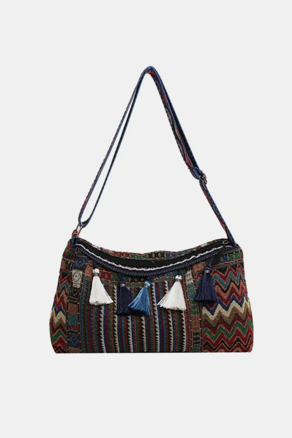 Retro Patterned Shoulder Bag with Tassel and Adjustable Strap - Roe Creation