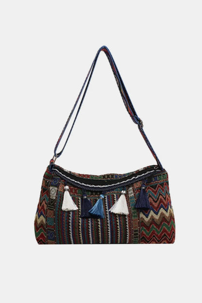 Retro Patterned Shoulder Bag with Tassel and Adjustable Strap - Roe Creation