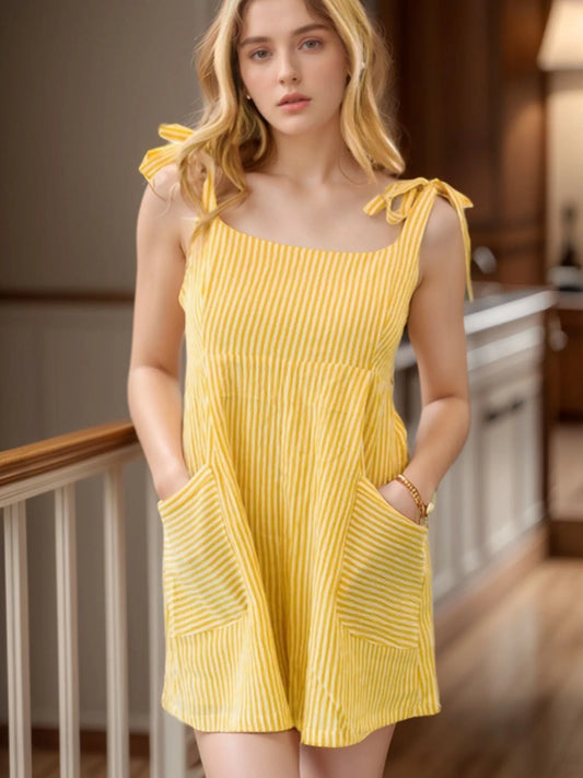 Stripe Shoulder Tie Smocked Back Casual Romper - Roe Creation