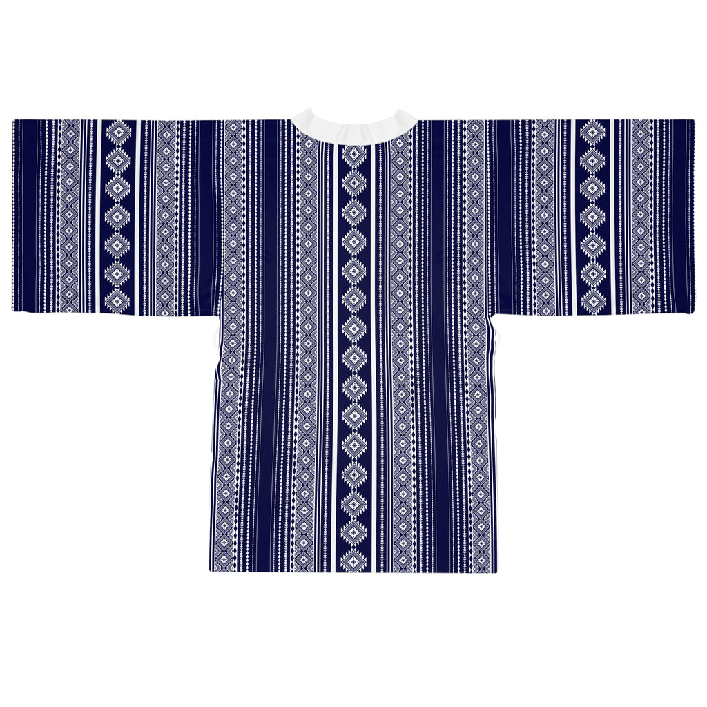Navy Blue Patterned Long Sleeve Kimono Robe - Stylish Homewear for Relaxation & Celebrations - Roe Creation