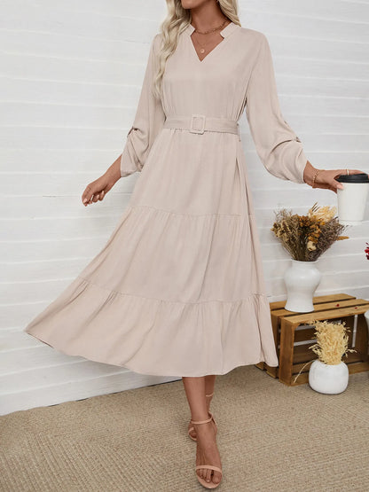 Tiered Notched Belted Midi Dress - Roe Creation