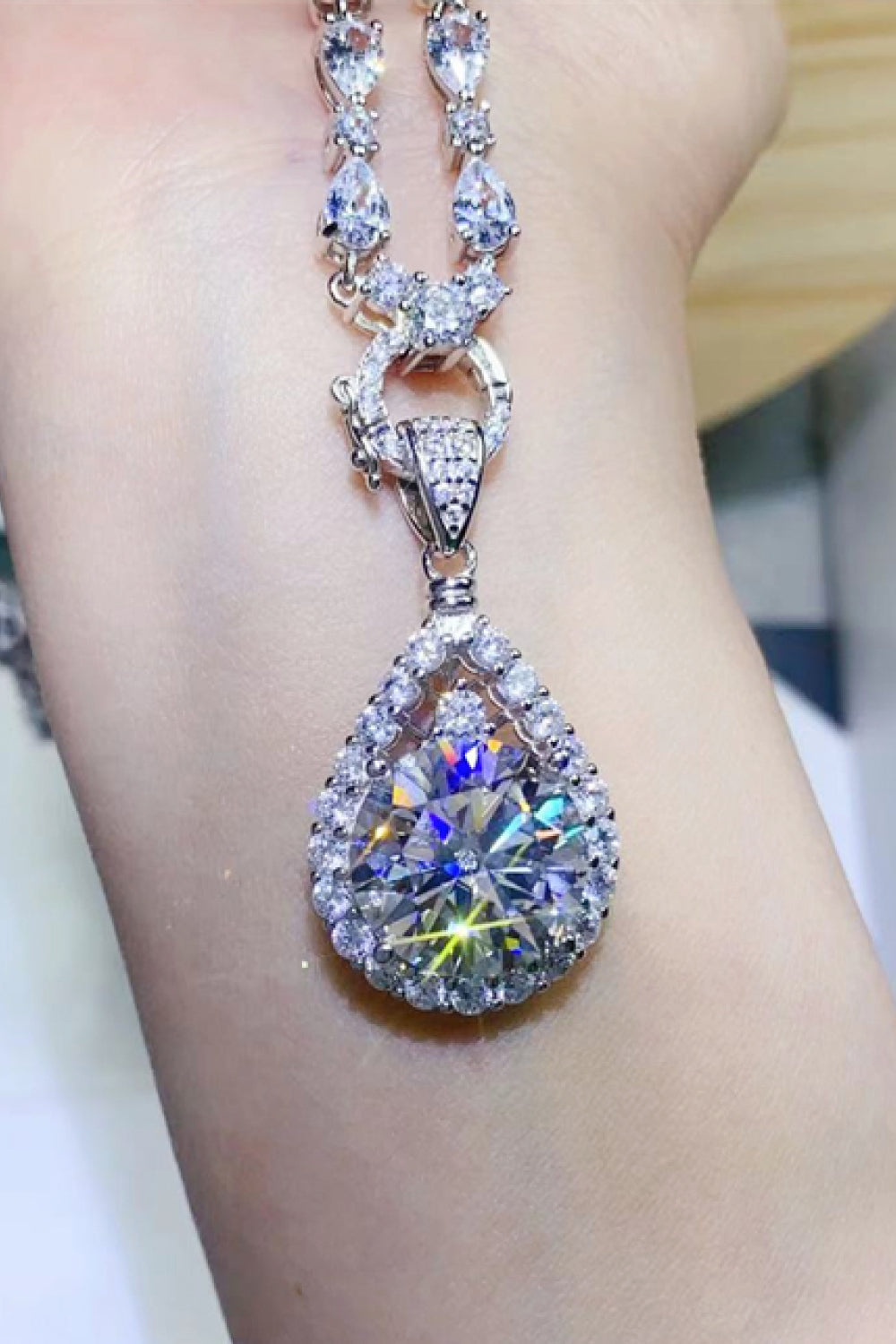10 Carat Moissanite Teardrop Pendant Platinum-Plated Necklace - Roe Creation