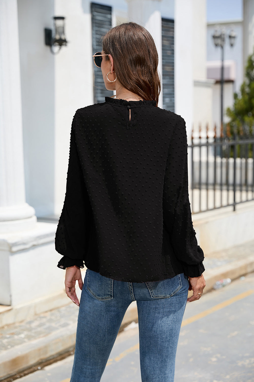 Smocked Swiss Dot Mock Neck Top – Elegant Sheer Blouse for Women - Roe Creation