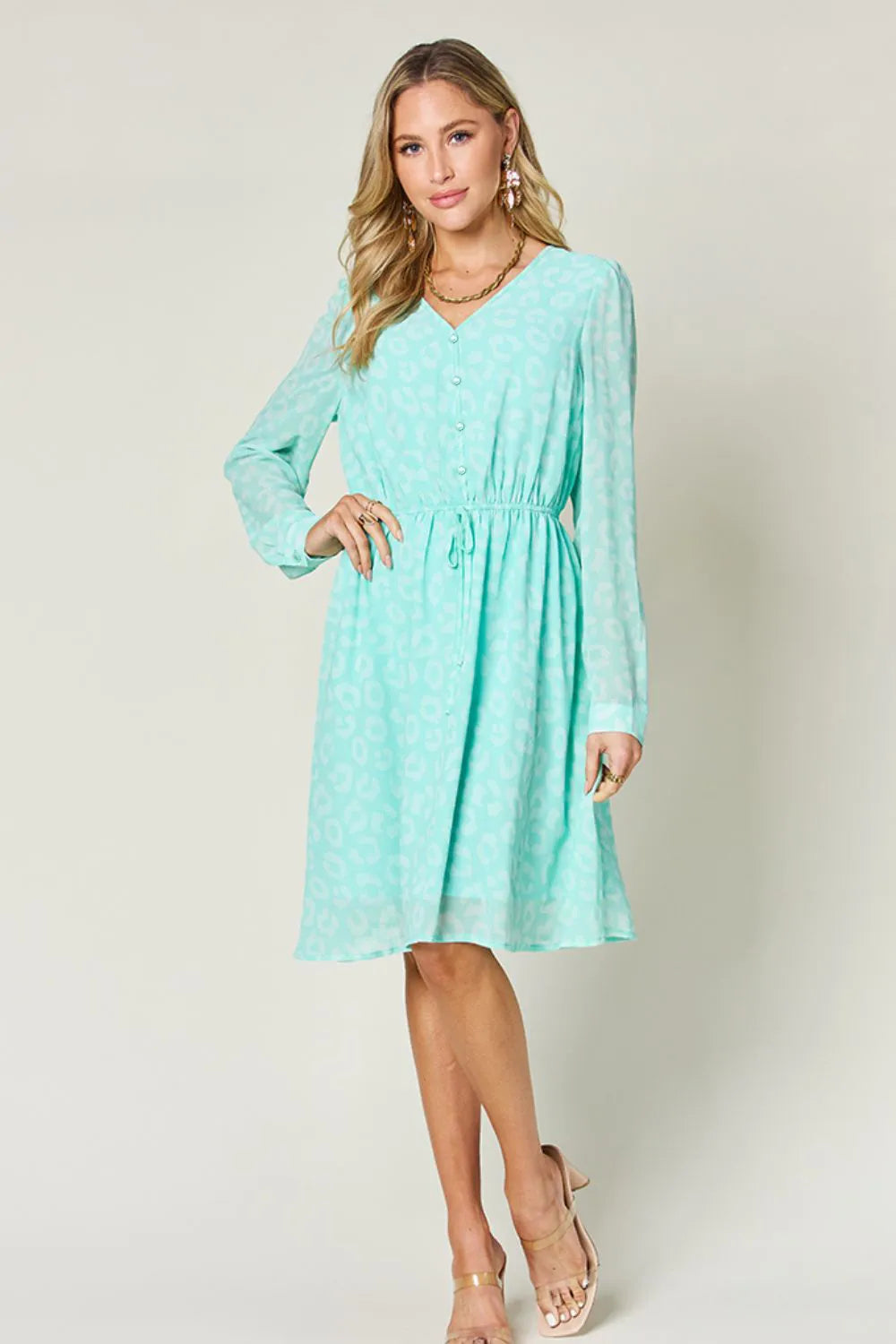 Double Take Full Size Printed Ruched V-Neck Long Sleeve Dress - Roe Creation