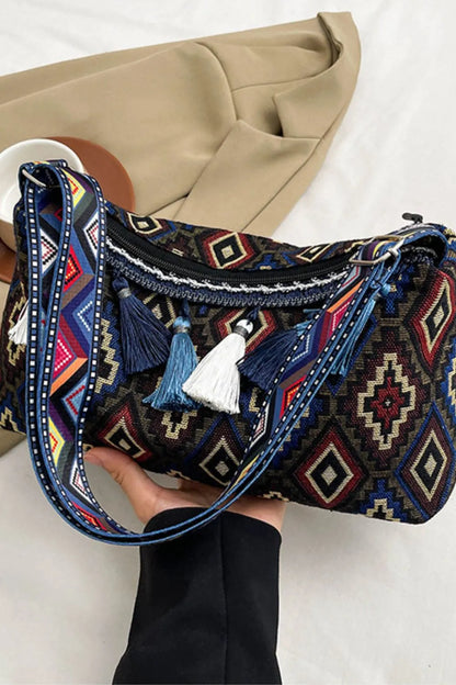 Retro Patterned Shoulder Bag with Tassel and Adjustable Strap - Roe Creation