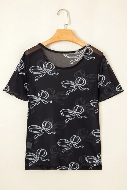 Bow Mesh Round Neck Short Sleeve T-Shirt - Roe Creation