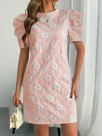 Round Neck Puff Short Sleeve Mini Dress - Roe Creation