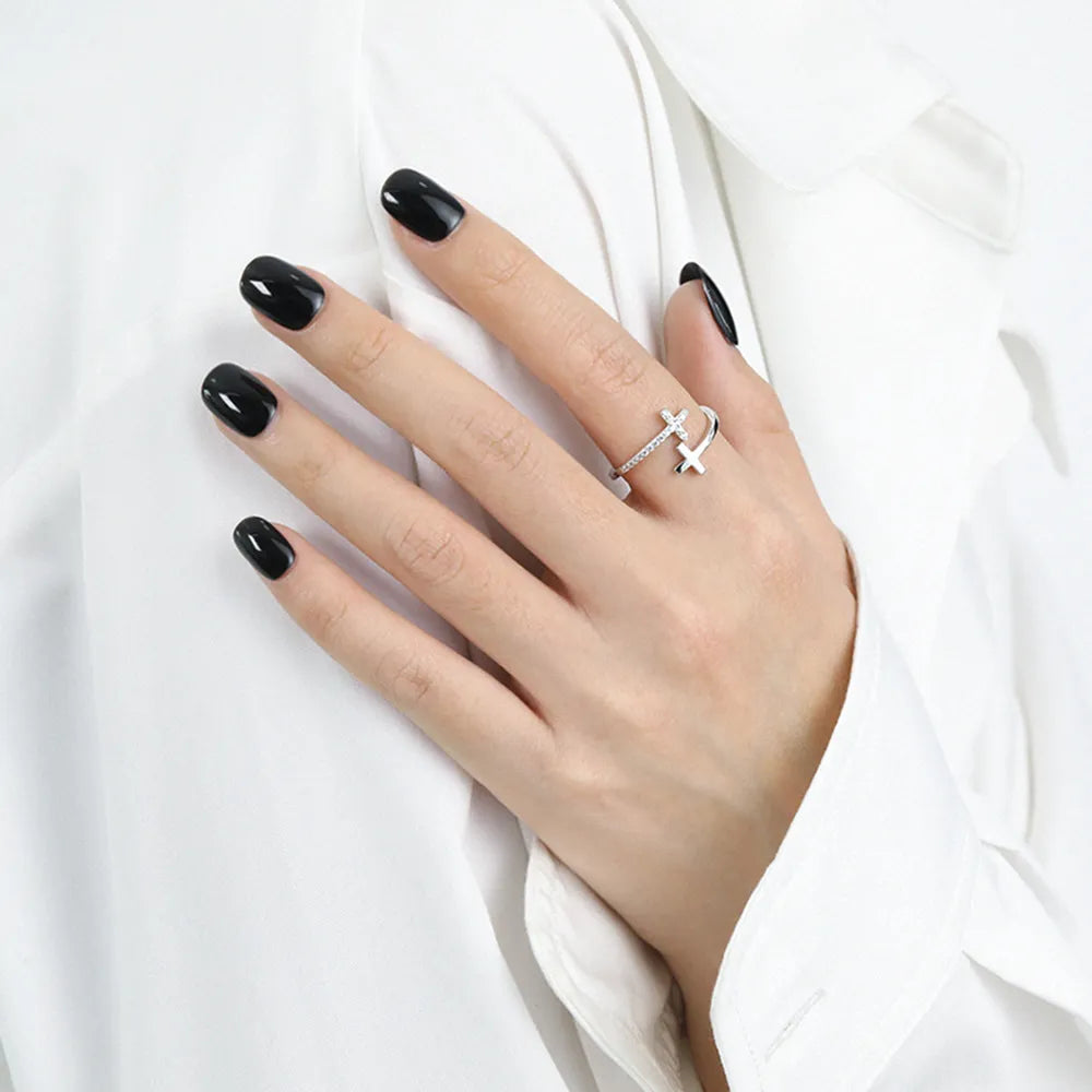 Zircon 925 Sterling Silver Double Cross Bypass Ring - Roe Creation