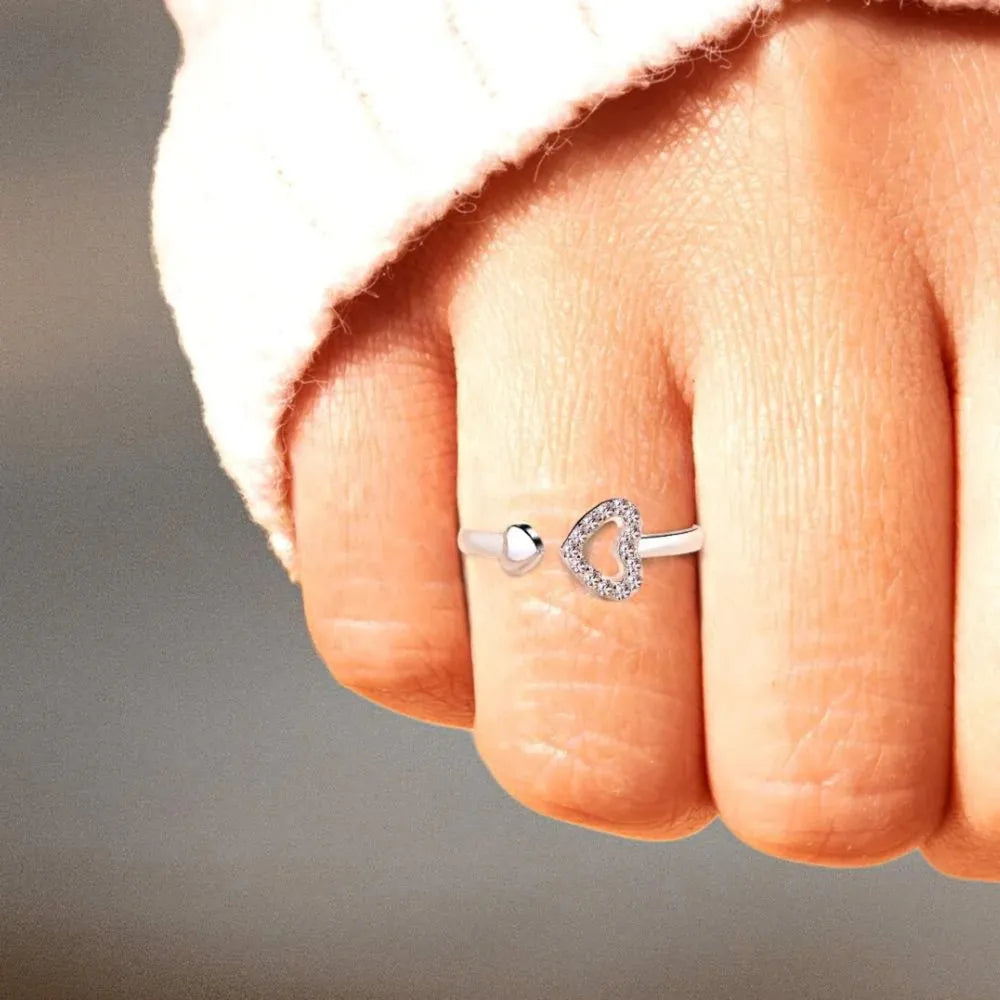 925 Sterling Silver Inlaid Zircon Heart Open Ring - Roe Creation