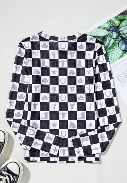 Checkered Mock Neck Long Sleeve Top - Roe Creation