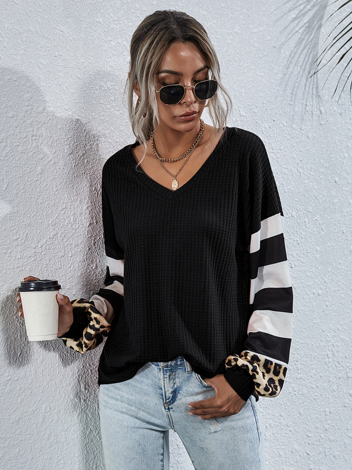 Women’s Leopard Striped Waffle-Knit Top – Stylish Casual Wear - Roe Creation