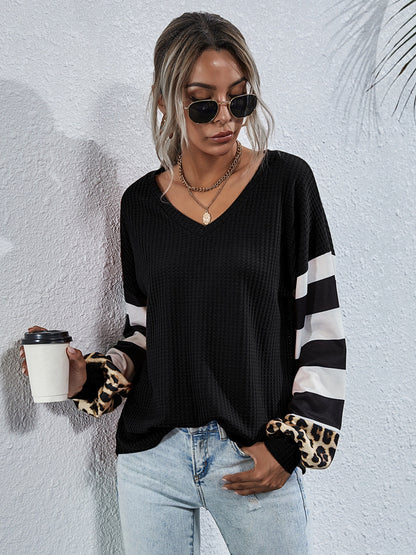 Women’s Leopard Striped Waffle-Knit Top – Stylish Casual Wear - Roe Creation