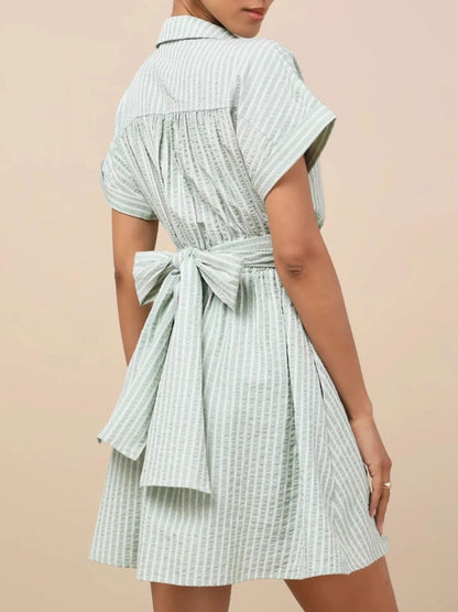 Striped Cutout Front Short Sleeve Shirt Dress - Roe Creation