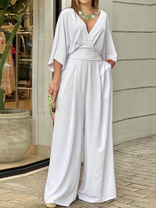 Full Size Wide-Leg Wrap Jumpsuit with Kimono Sleeves Plus Size - Roe Creation