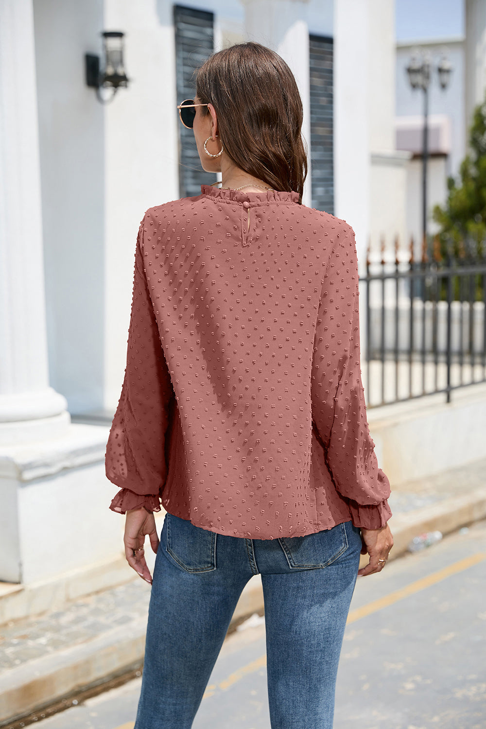 Smocked Swiss Dot Mock Neck Top – Elegant Sheer Blouse for Women - Roe Creation