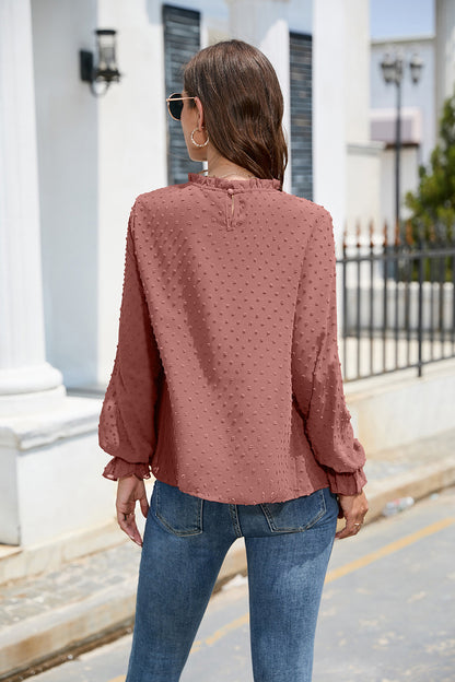 Smocked Swiss Dot Mock Neck Top – Elegant Sheer Blouse for Women - Roe Creation