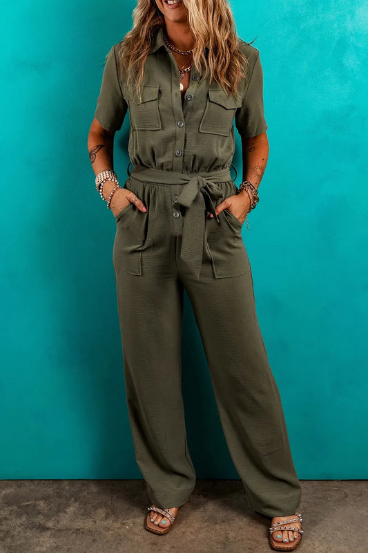 Half Button Belted Utility Short Sleeve Jumpsuit - Roe Creation